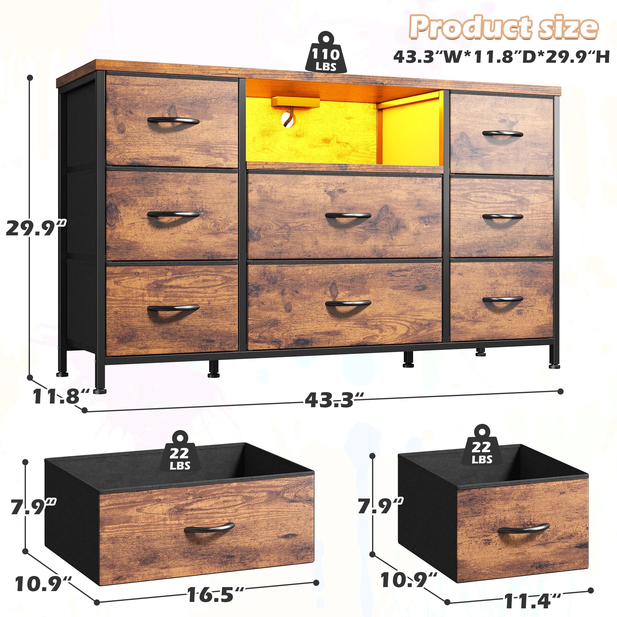 8-Drawer Media Dresser with Charging Station