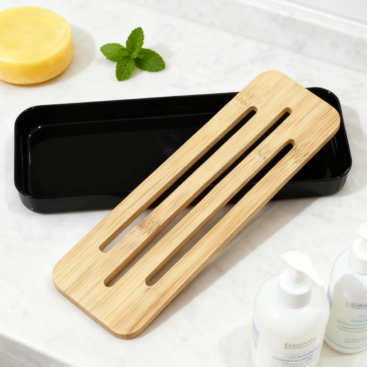 Bamboo Soap Dish Bottles Holder Tray Removable Countertop Drain