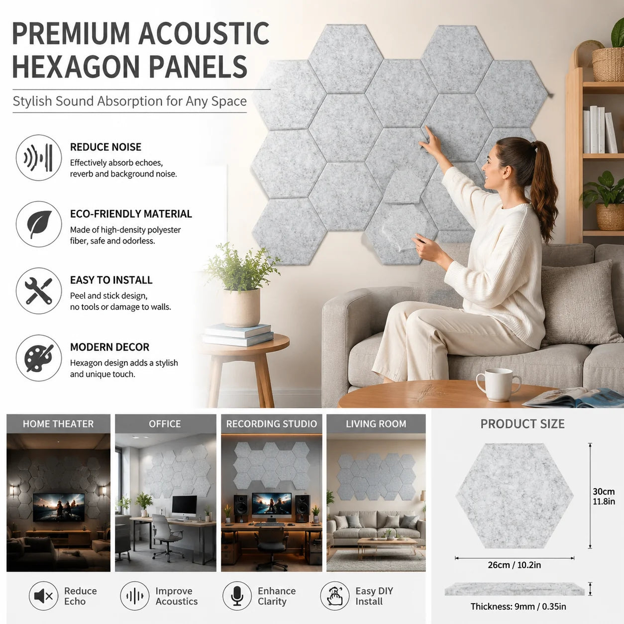 18-Pack Hexagonal Self-Adhesive Acoustic Panels
