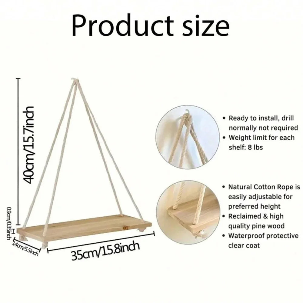 Hanging Wood & Rope Wall Shelf