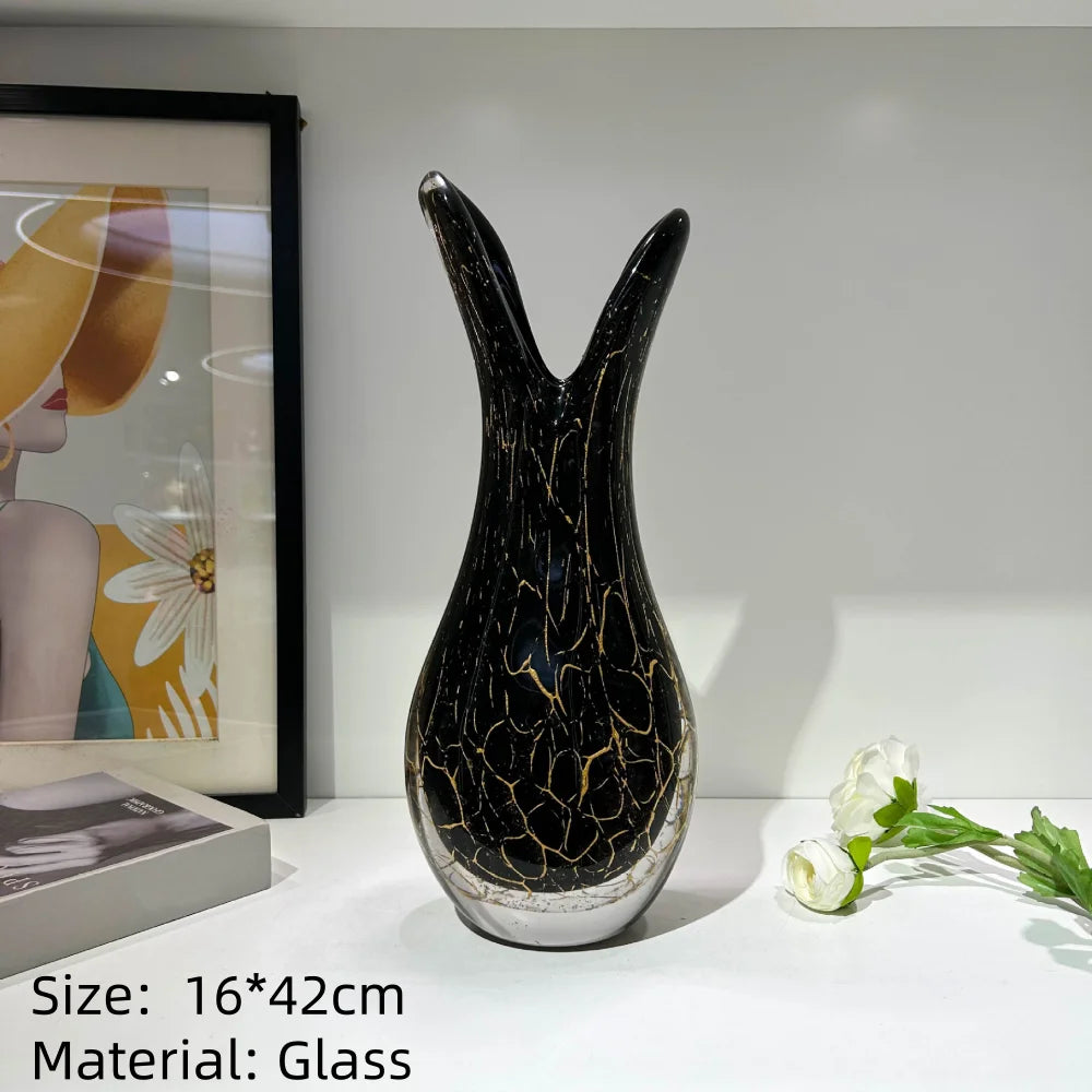 Split-Neck Black & Gold Hand-Blown Glass Vase