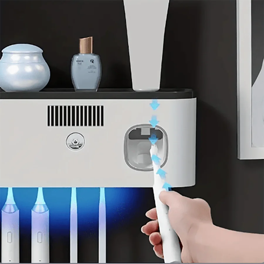 Wall-mounted Smart Toothbrush Sterilizer with 5 Slots, Integrated Toothpaste Dispenser, Bathroom Storage Rack and Organizer, Hom