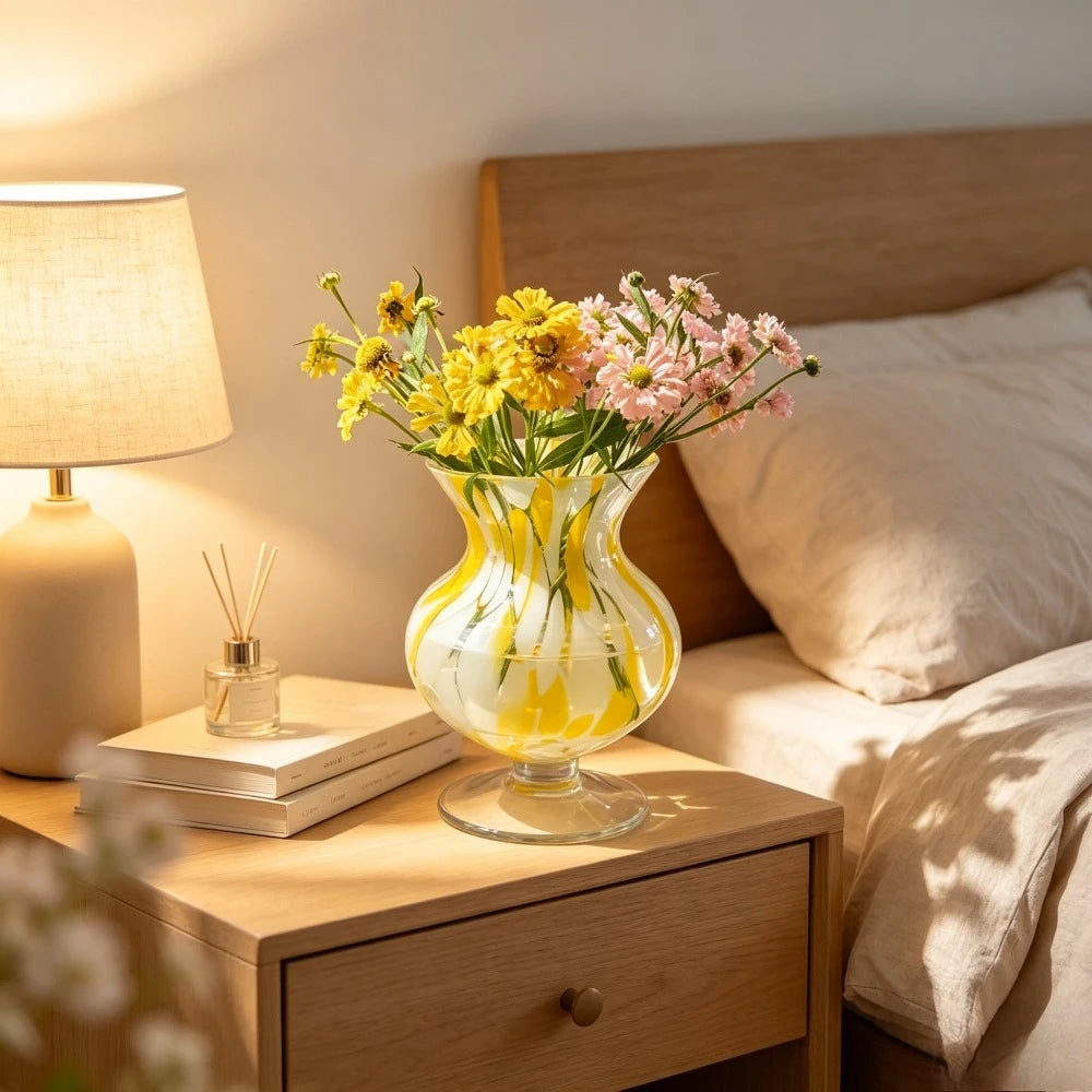 Yellow & White Hand-Blown Glass Vase