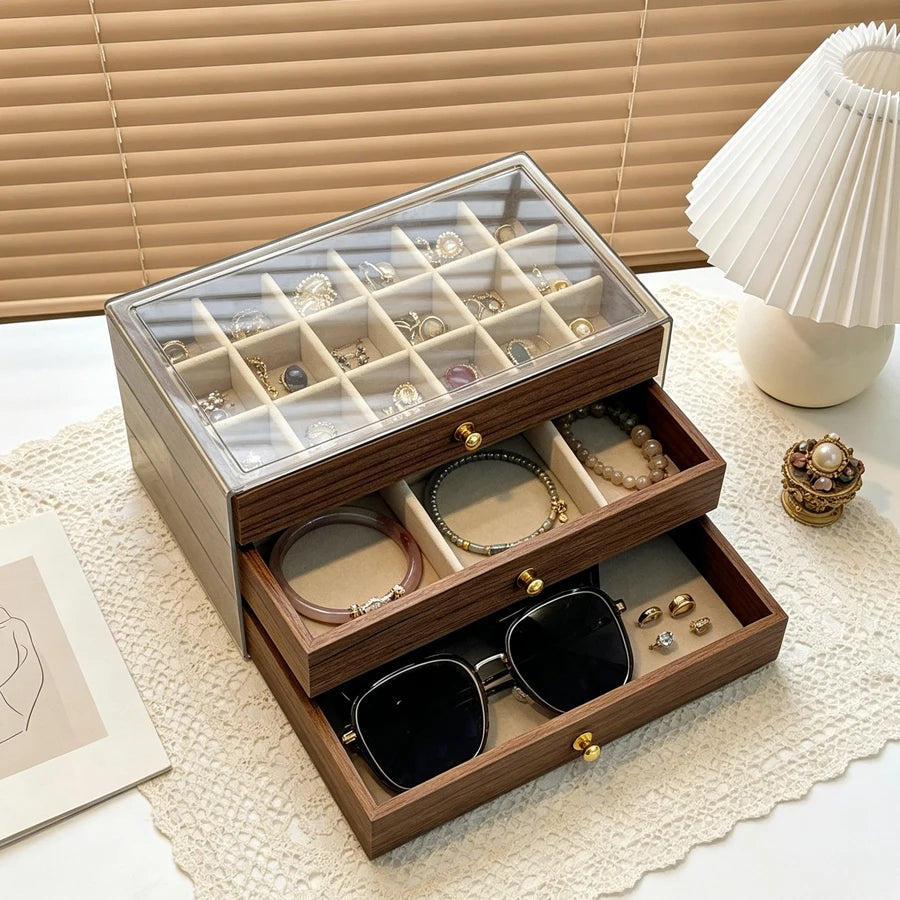 Walnut Wood Pattern Three-Drawer Jewelry Box, Bracelet, Necklace, Earring, Necklace Box, Jewelry Storage Box, OrnamentsAntioxida