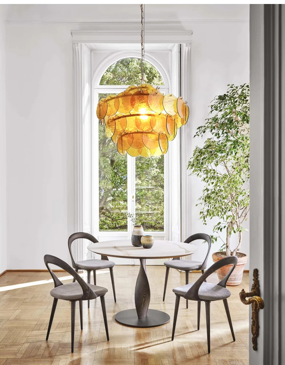 Murano-Style Green & Amber Cut-Glass Disc Chandelier