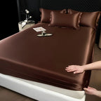 3 Pcs High End 100% Mulberry Silk Fitted Sheet Set with Pillowcase Luxury Solid Color Silk Bedsheet Soft Smooth Satin Bed Linen