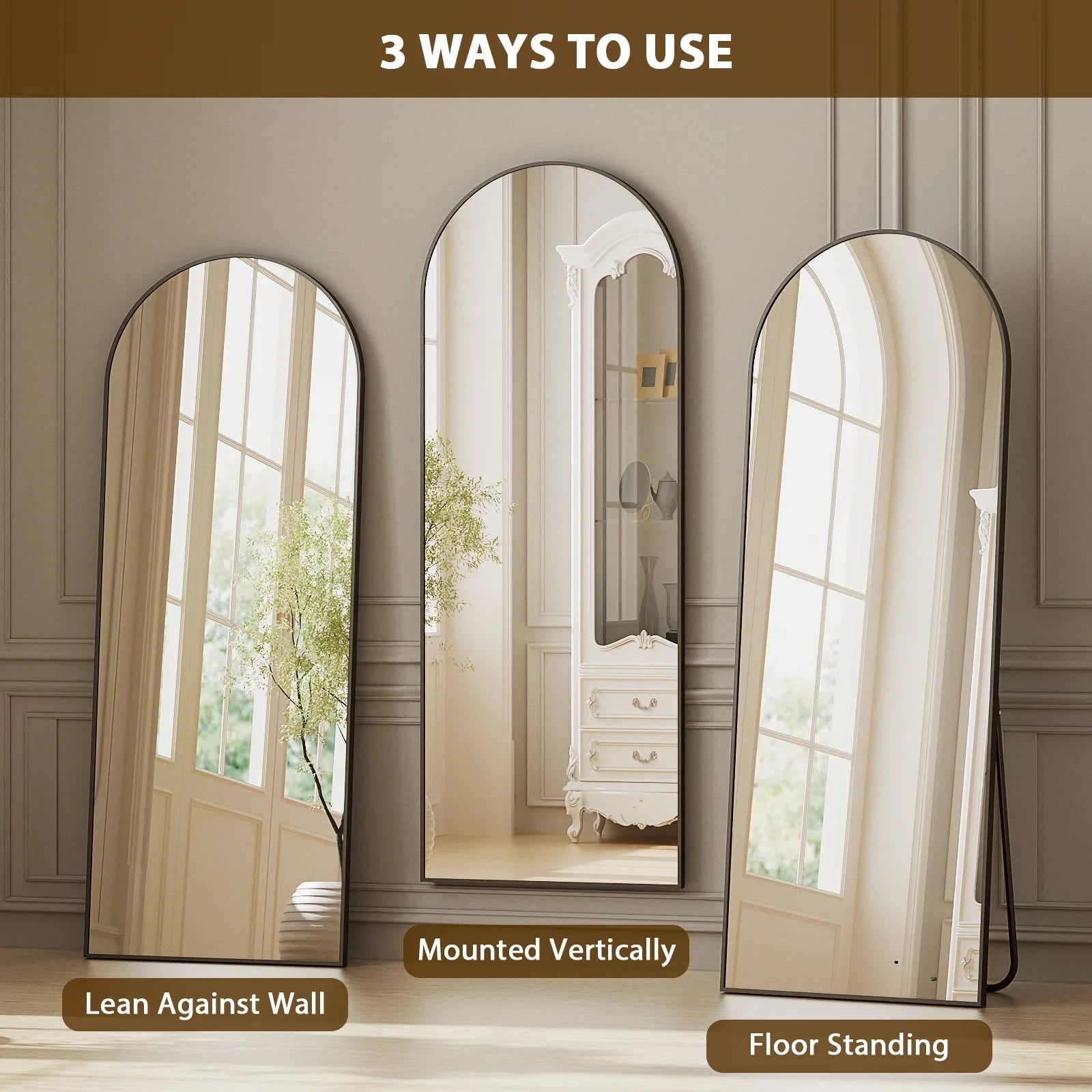 Multi-Size Black Arched Floor Mirror