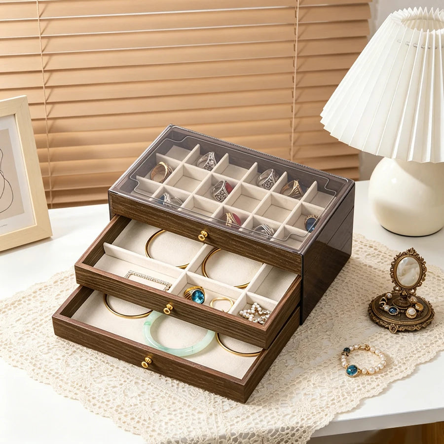 Walnut Wood Pattern Three-Drawer Jewelry Box, Bracelet, Necklace, Earring, Necklace Box, Jewelry Storage Box, OrnamentsAntioxida