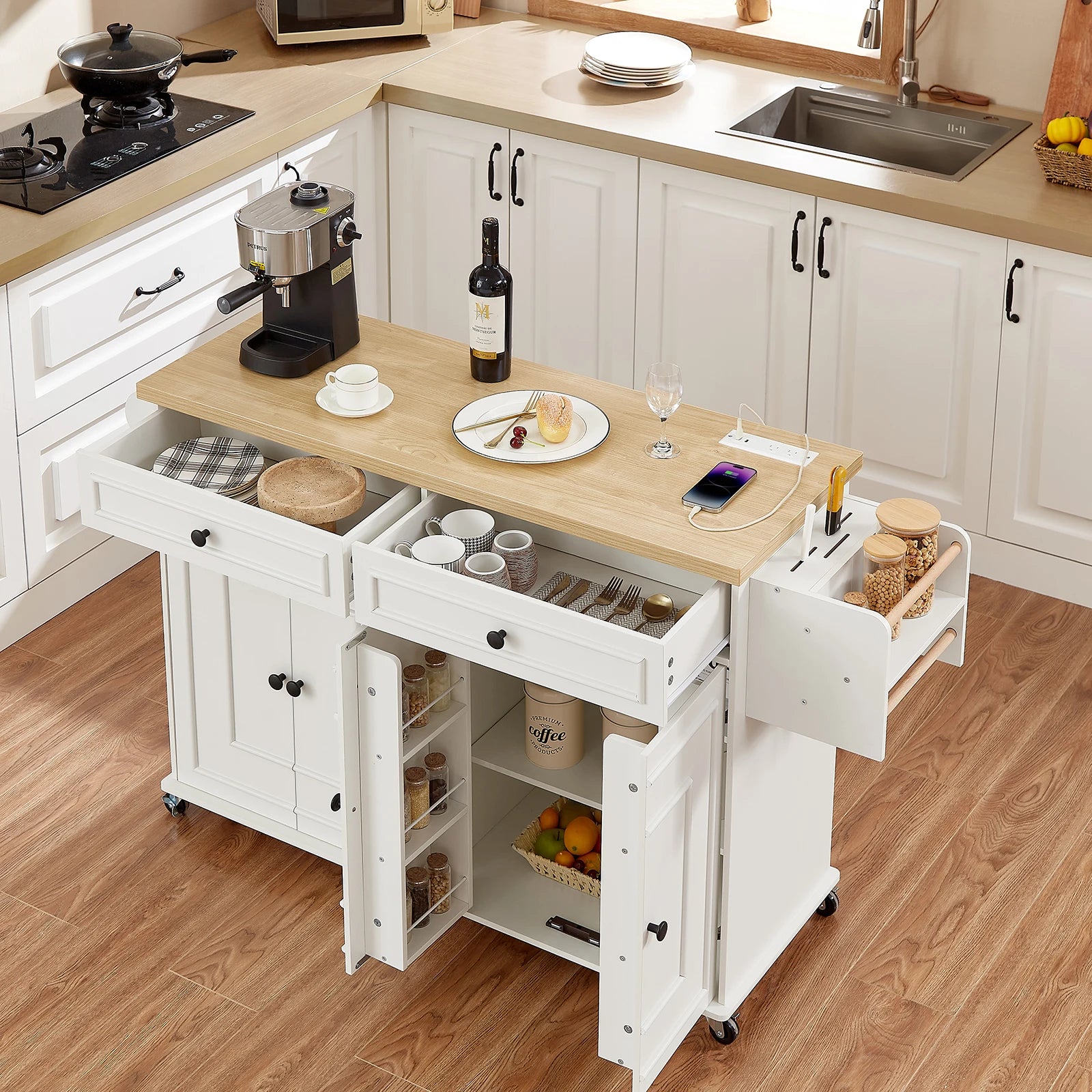 60-Inch Drop-Leaf Rolling Kitchen Island