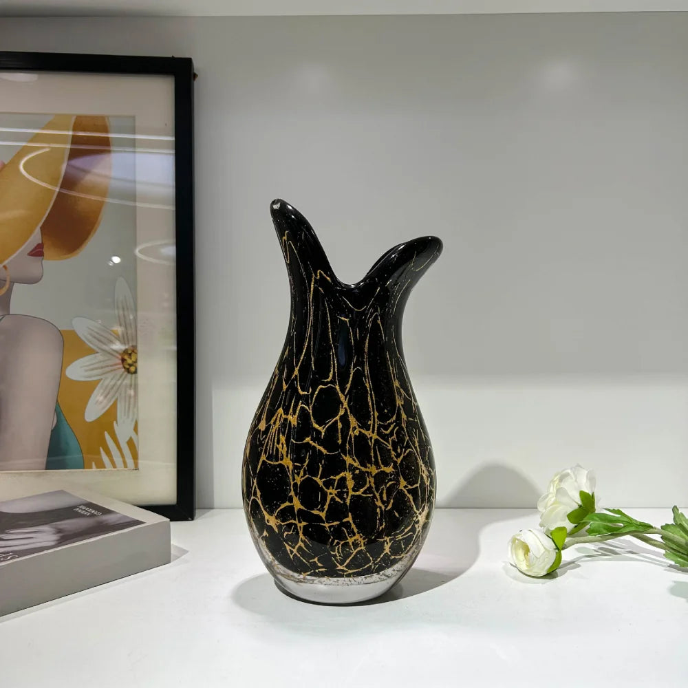 Split-Neck Black & Gold Hand-Blown Glass Vase