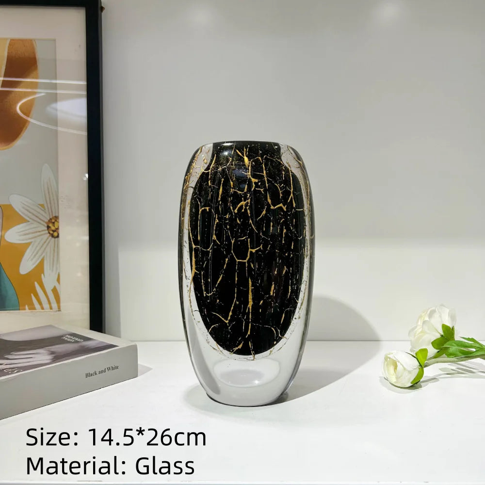 Round Black & Gold Hand-Blown Glass Vase