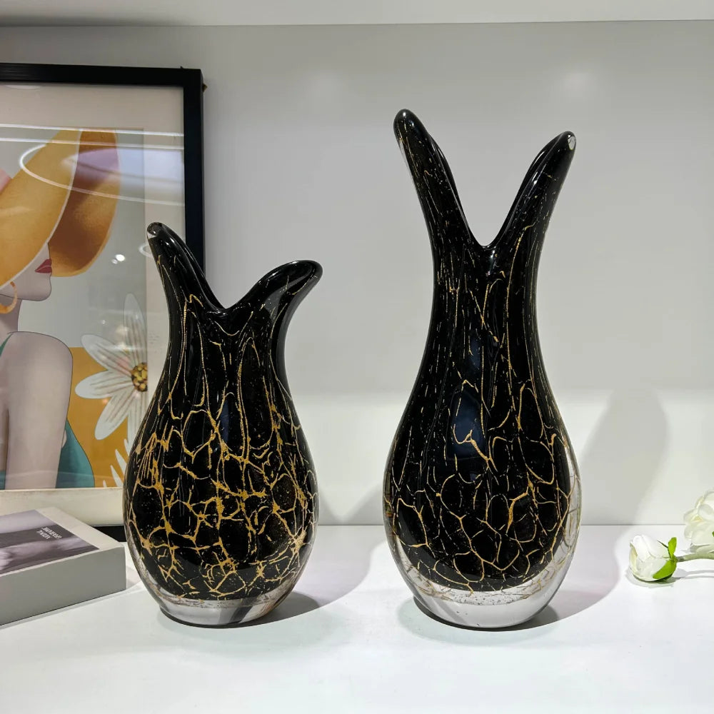 Split-Neck Black & Gold Hand-Blown Glass Vase