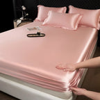 3 Pcs High End 100% Mulberry Silk Fitted Sheet Set with Pillowcase Luxury Solid Color Silk Bedsheet Soft Smooth Satin Bed Linen