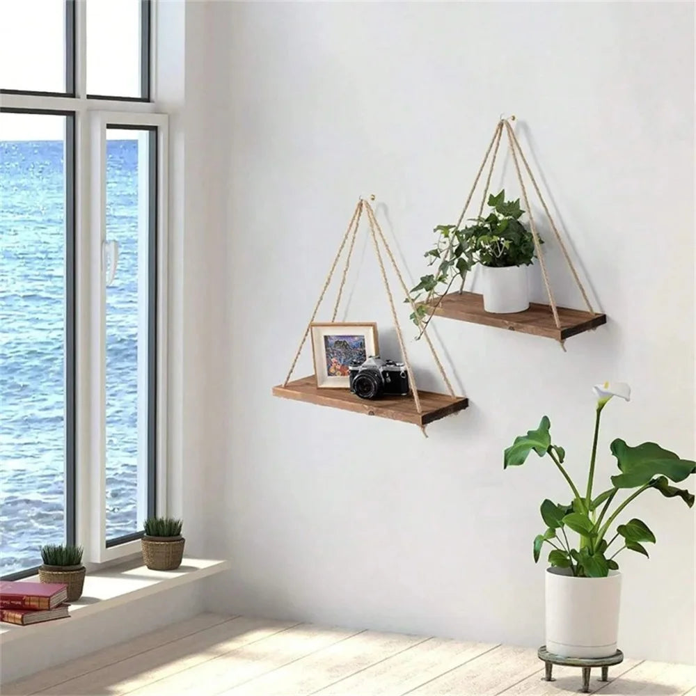 Hanging Wood & Rope Wall Shelf