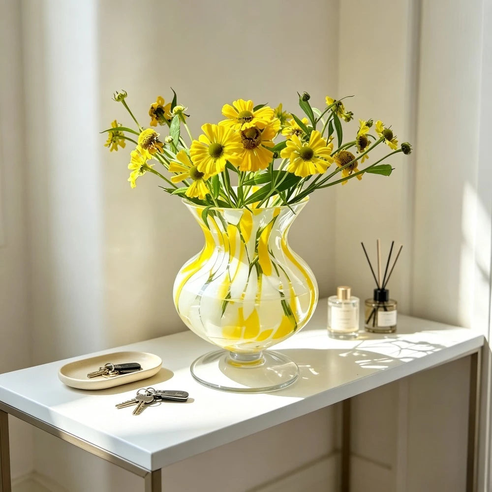 Yellow & White Hand-Blown Glass Vase