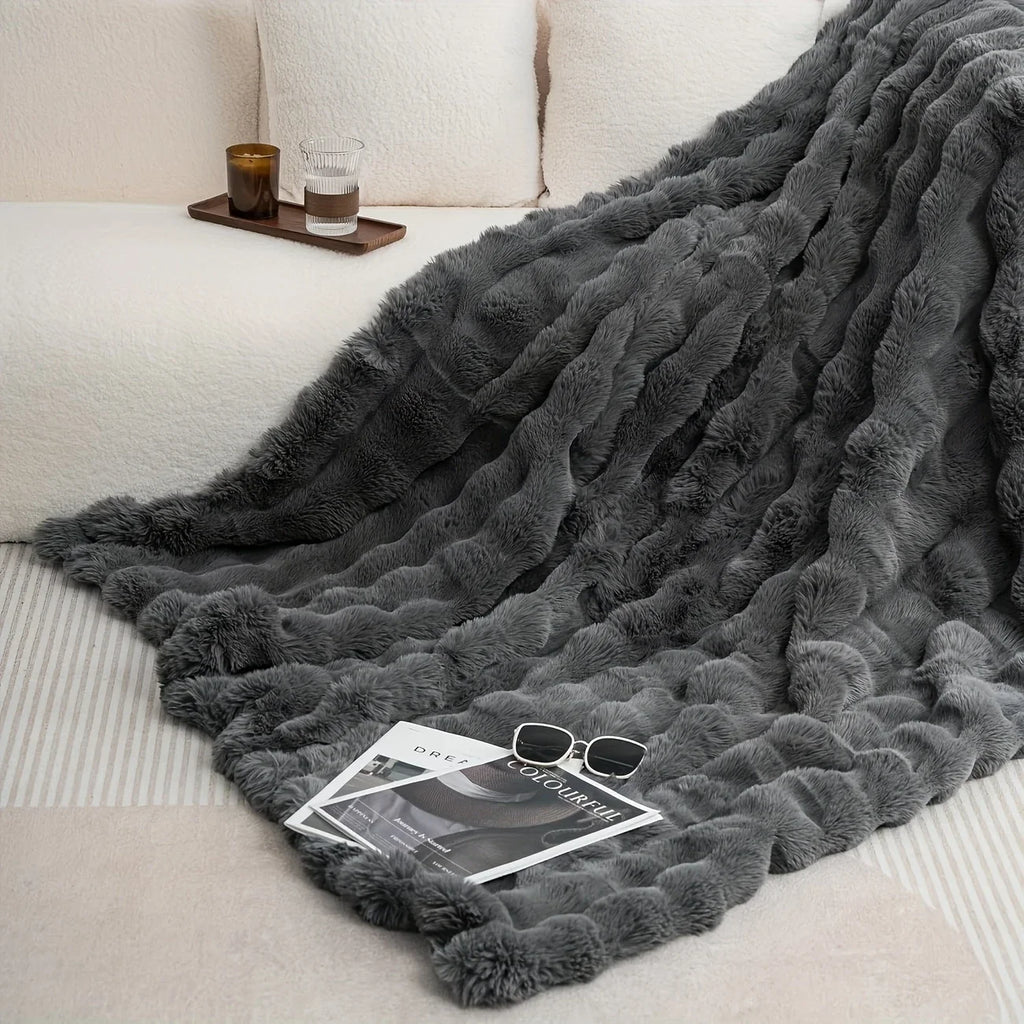 Bubble Fleece Blanket for Couch, Faux Rabbit Fur Throw Blanket, Soft Cozy Fluffy Decorative Blankets for Bed, Sofa, Mother's Day
