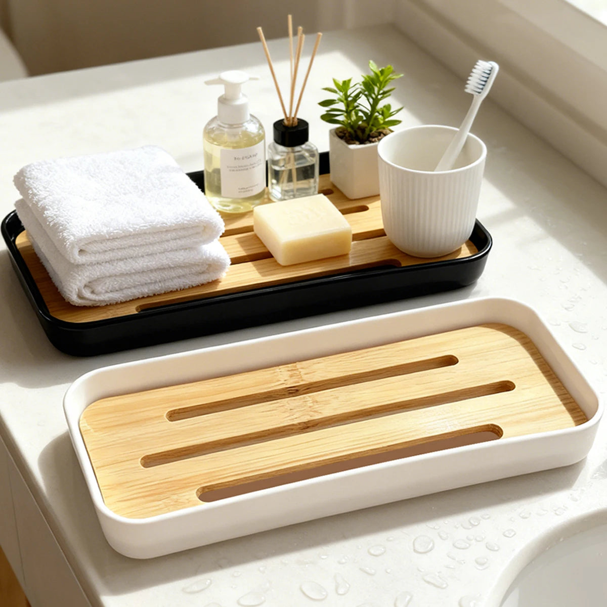 Bamboo Soap Dish Bottles Holder Tray Removable Countertop Drain