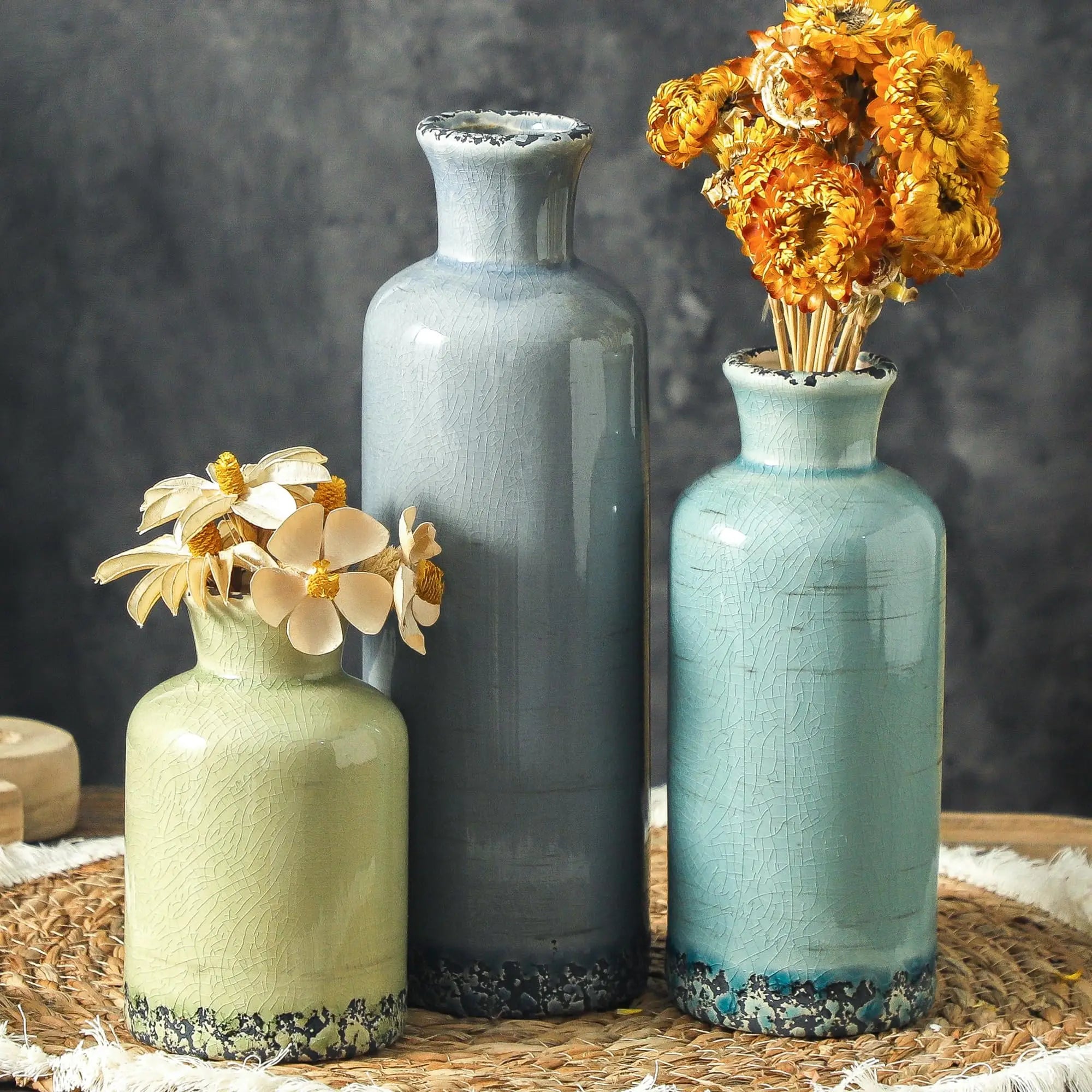 Set of 3 Vintage Chinoiserie Ceramic Vases