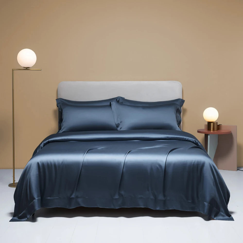 Liv-Esthete Noble 100% Silk Bedding Set Blue Gray Summer Duvet Cover Pillow Case Bed Sheet Quilt Cover Double King Queen Sets