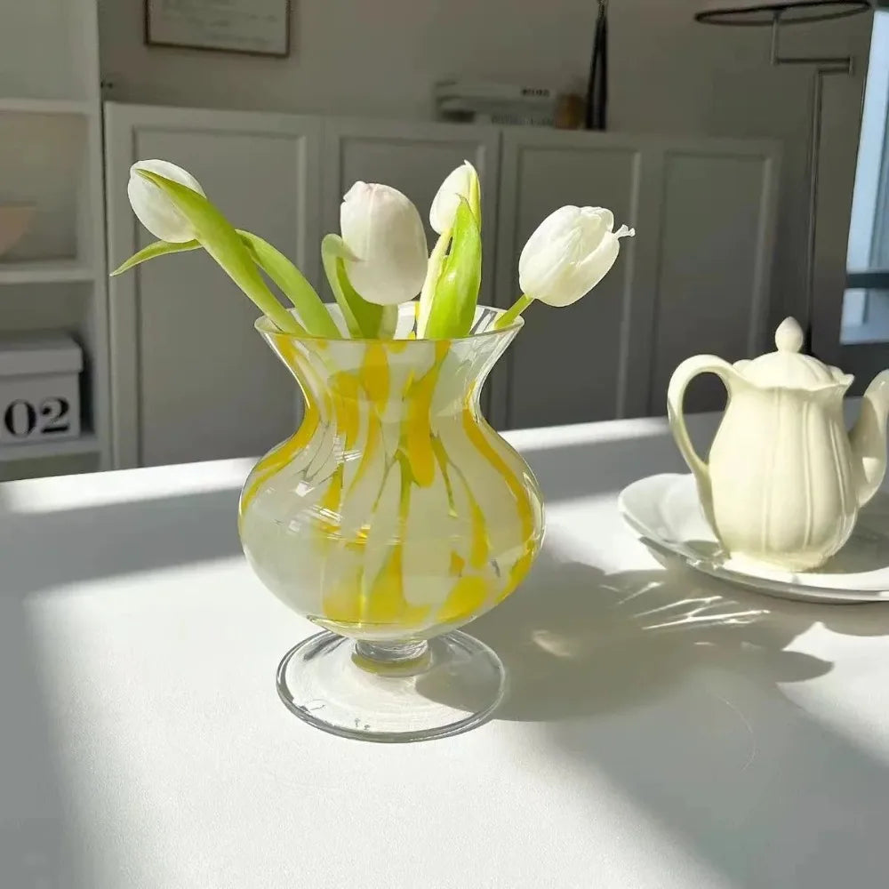 Yellow & White Hand-Blown Glass Vase