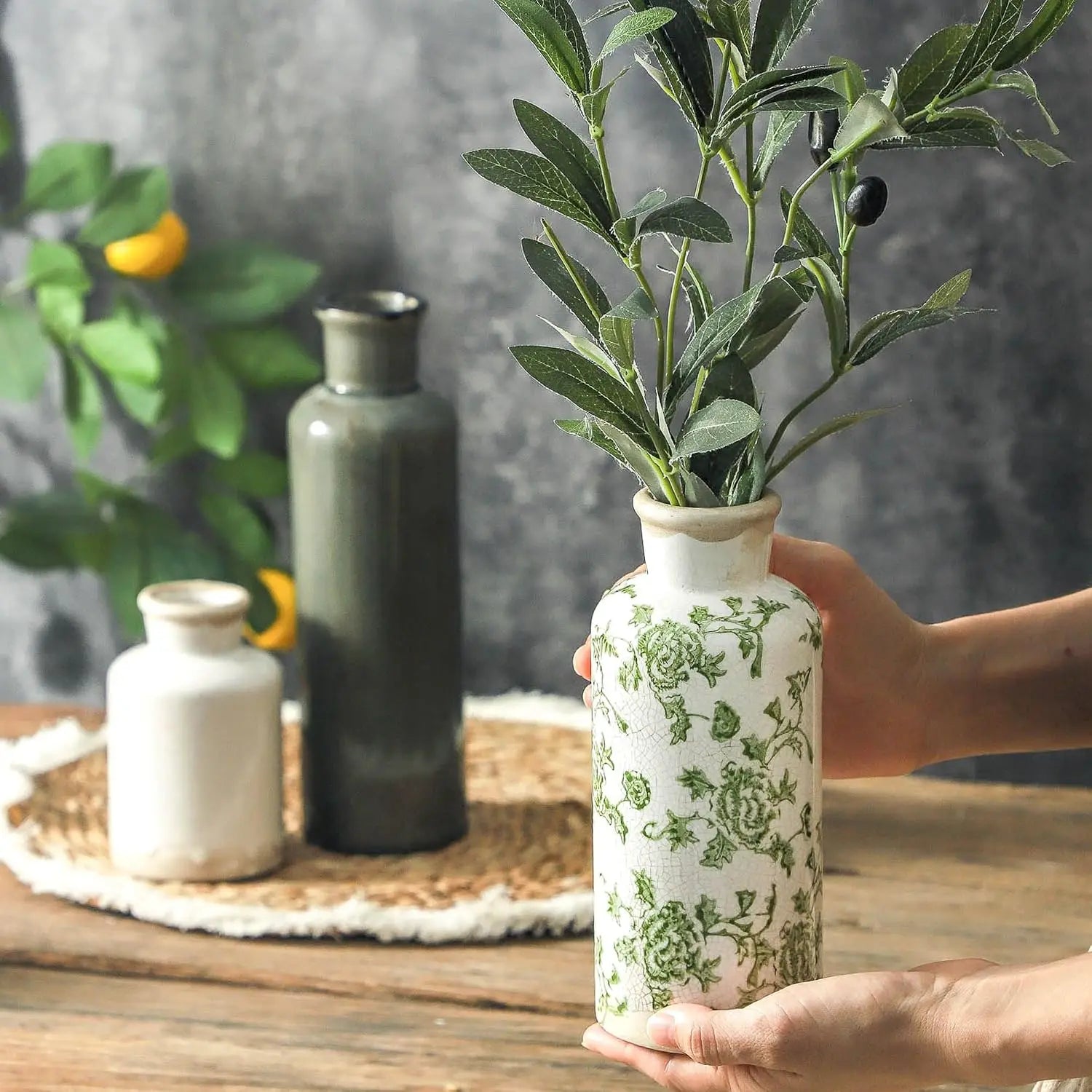 Set of 3 Vintage Chinoiserie Ceramic Vases