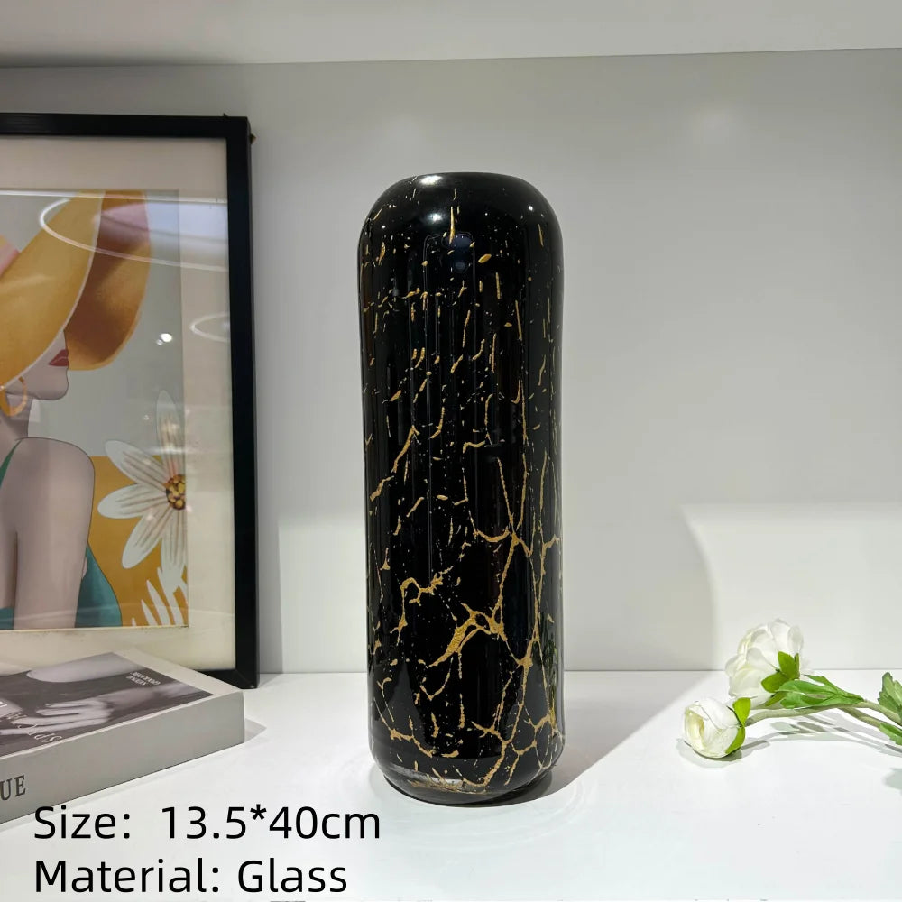 Tall Black & Gold Hand-Blown Glass Vase