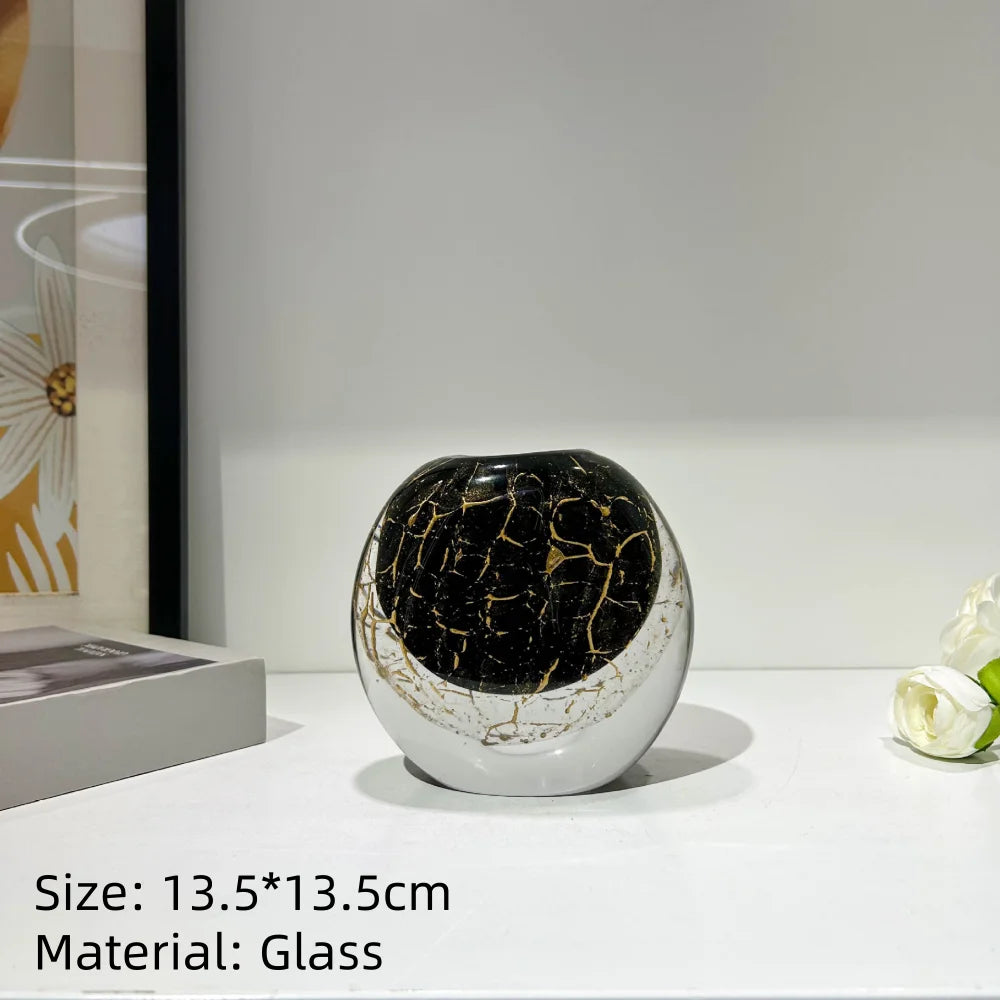 Tall Black & Gold Hand-Blown Glass Vase