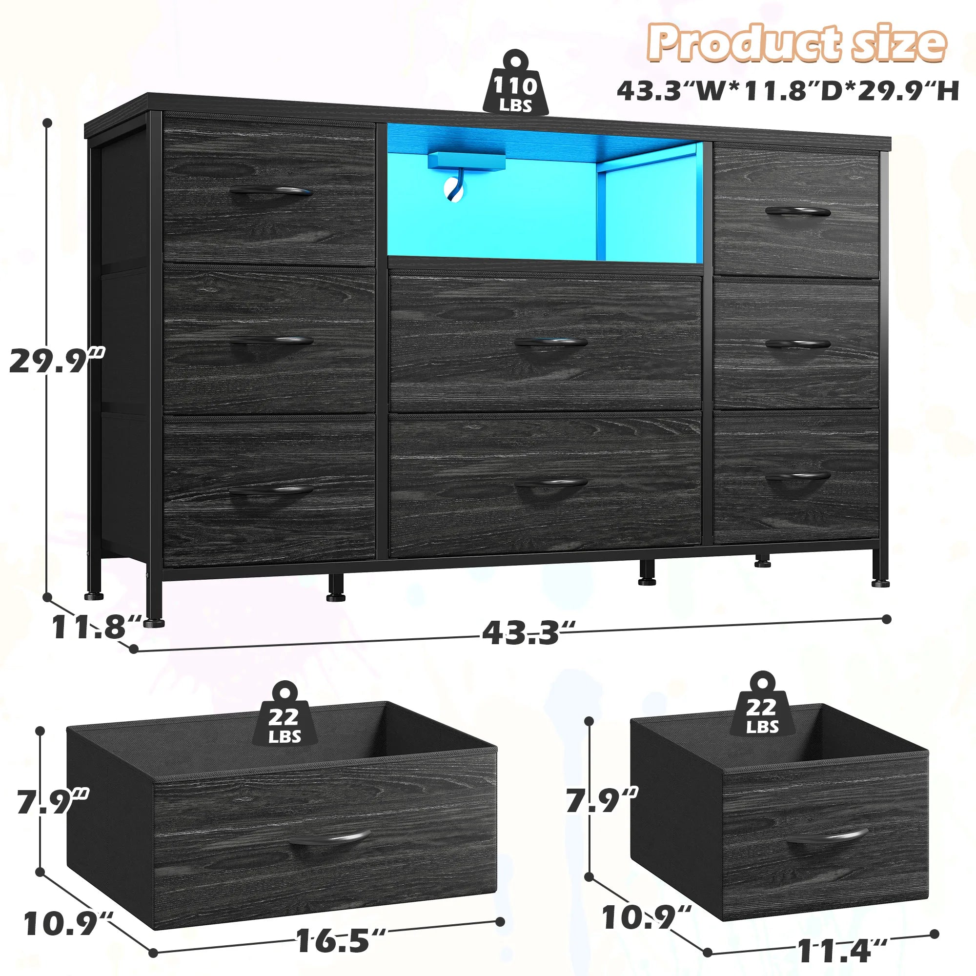 8-Drawer Media Dresser with Charging Station