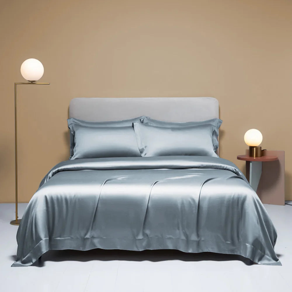 Liv-Esthete Noble 100% Silk Bedding Set Blue Gray Summer Duvet Cover Pillow Case Bed Sheet Quilt Cover Double King Queen Sets