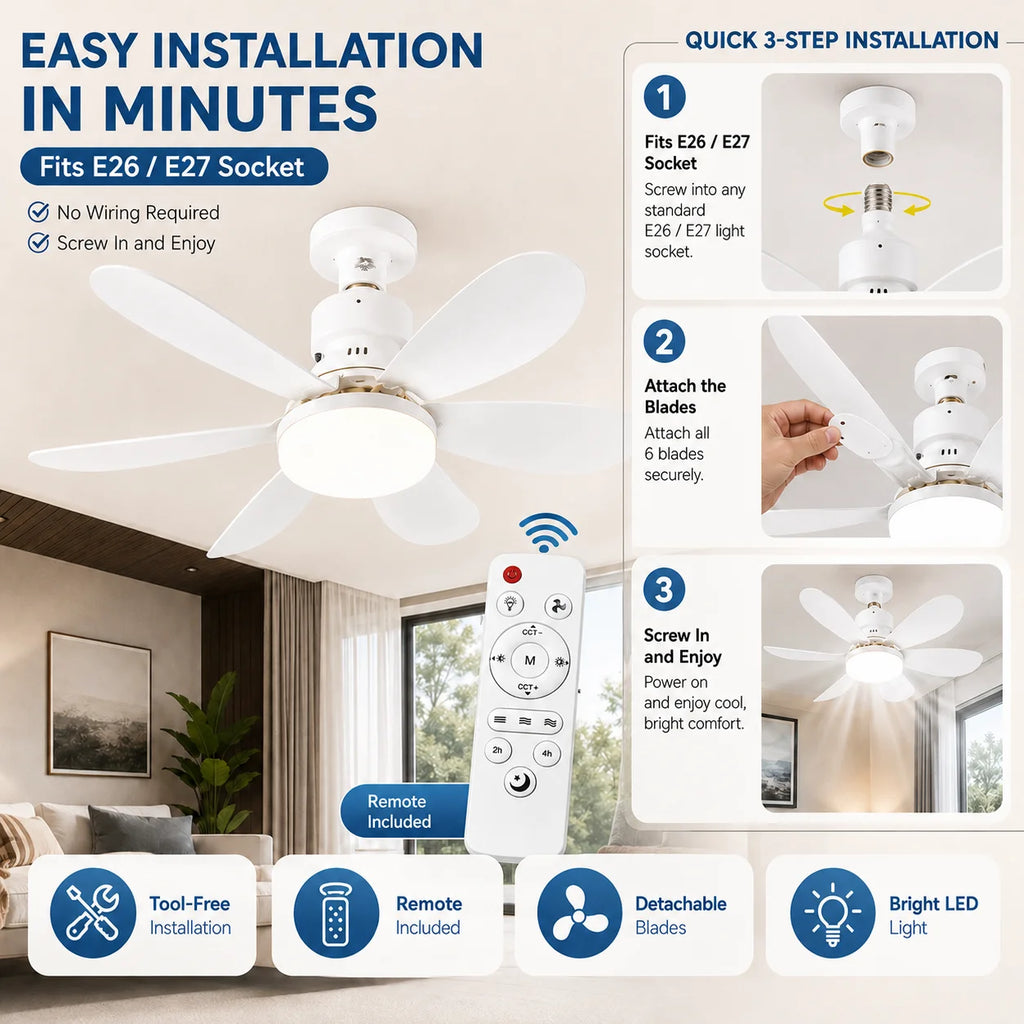 E27 Dimmable Remote-Control LED Ceiling Fan with Light