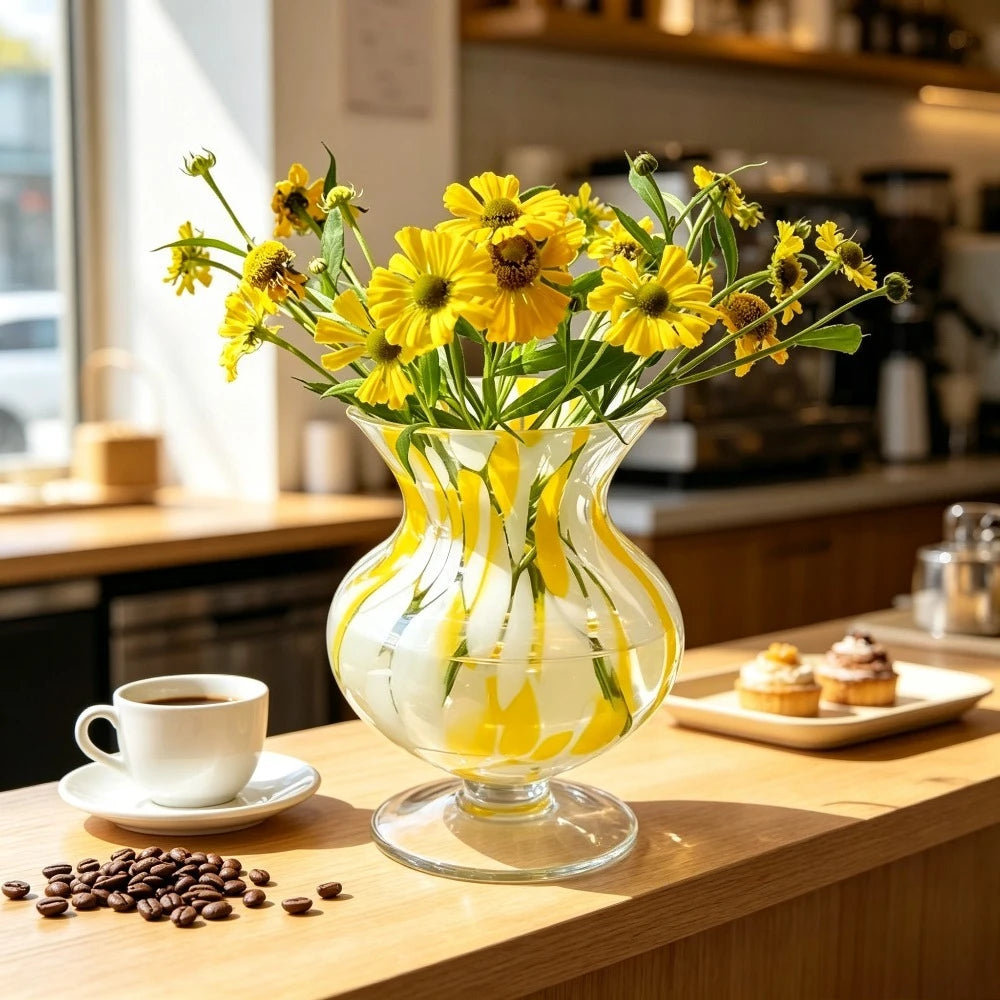Yellow & White Hand-Blown Glass Vase