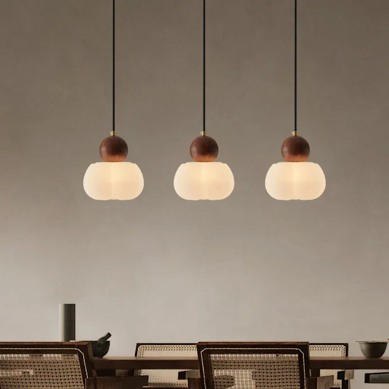 Walnut & Opal Glass Triple Pendant Light
