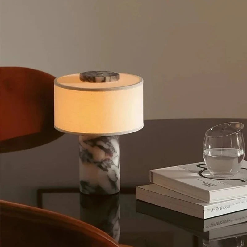 Retro Luxury Beside Lamp Natural Marble Table Fabric