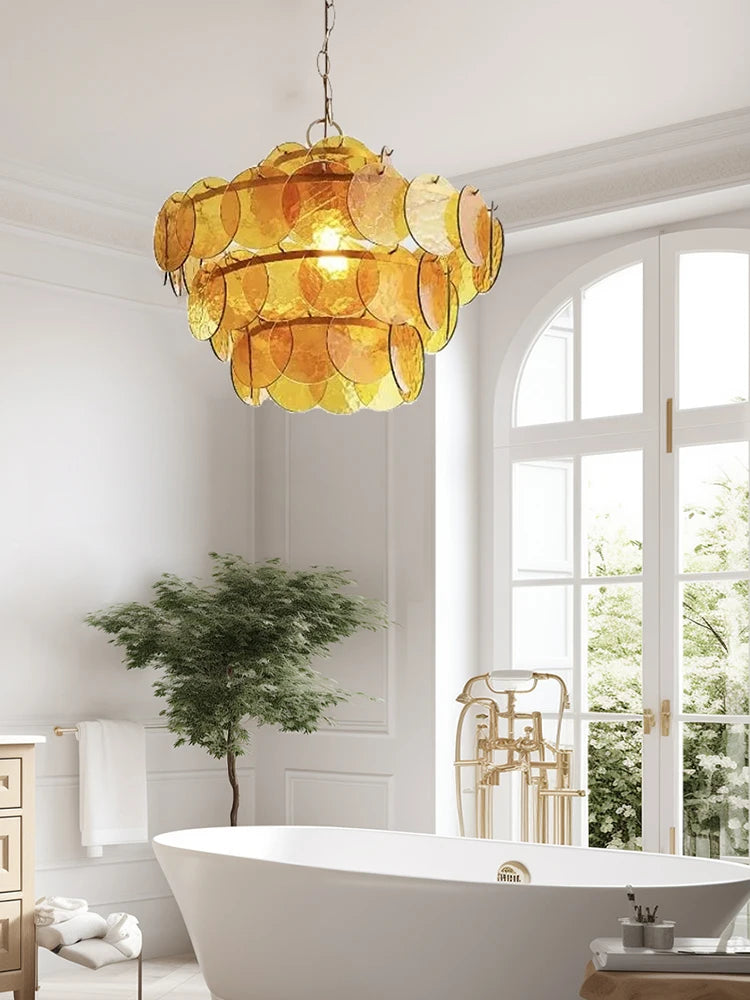 Murano-Style Green & Amber Cut-Glass Disc Chandelier