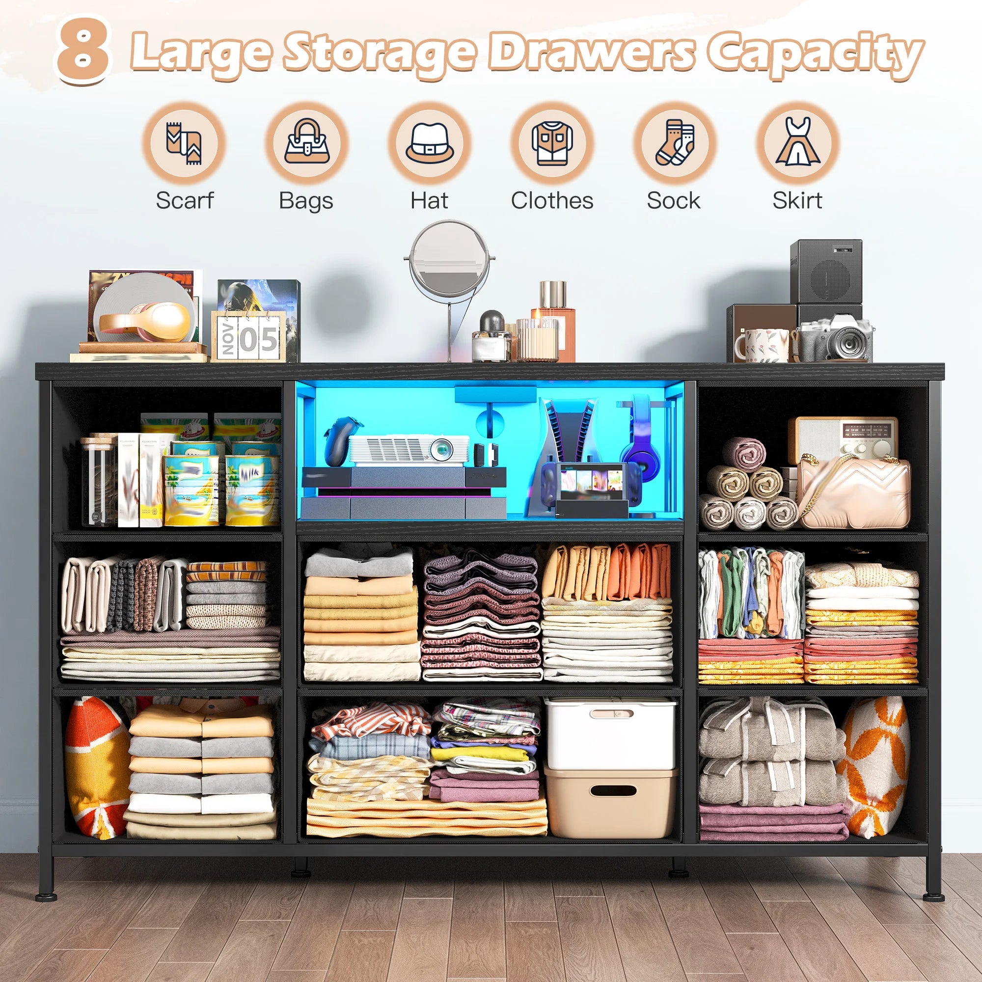 8-Drawer Media Dresser with Charging Station