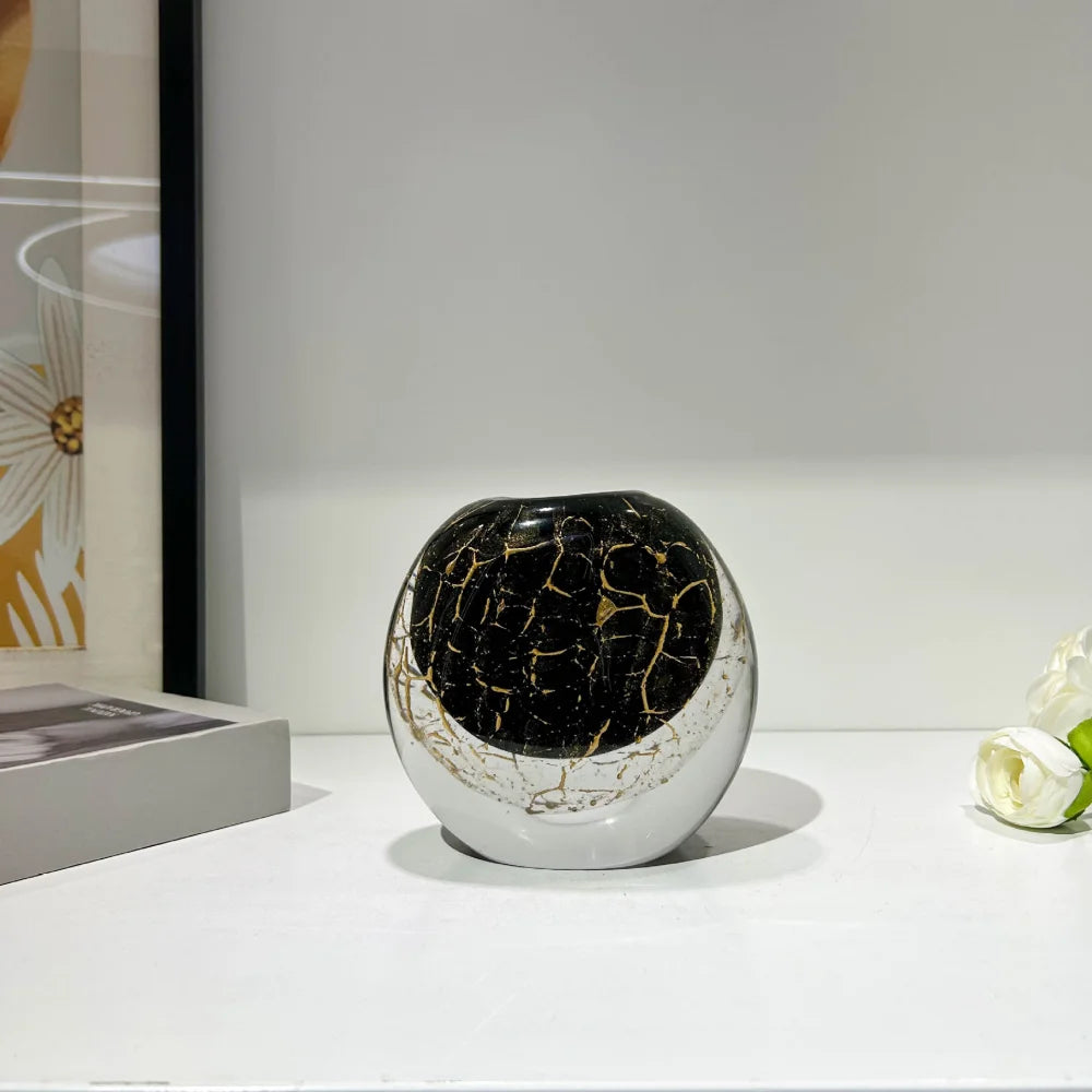 Tall Black & Gold Hand-Blown Glass Vase