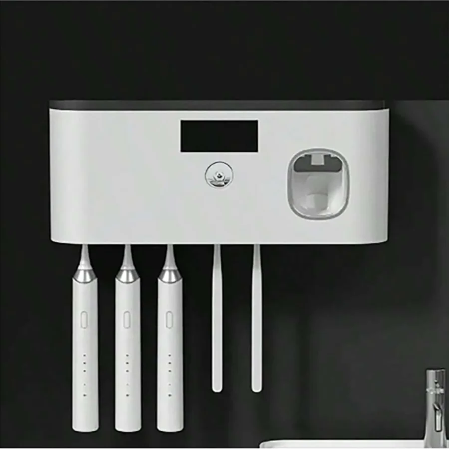 Wall-mounted Smart Toothbrush Sterilizer with 5 Slots, Integrated Toothpaste Dispenser, Bathroom Storage Rack and Organizer, Hom