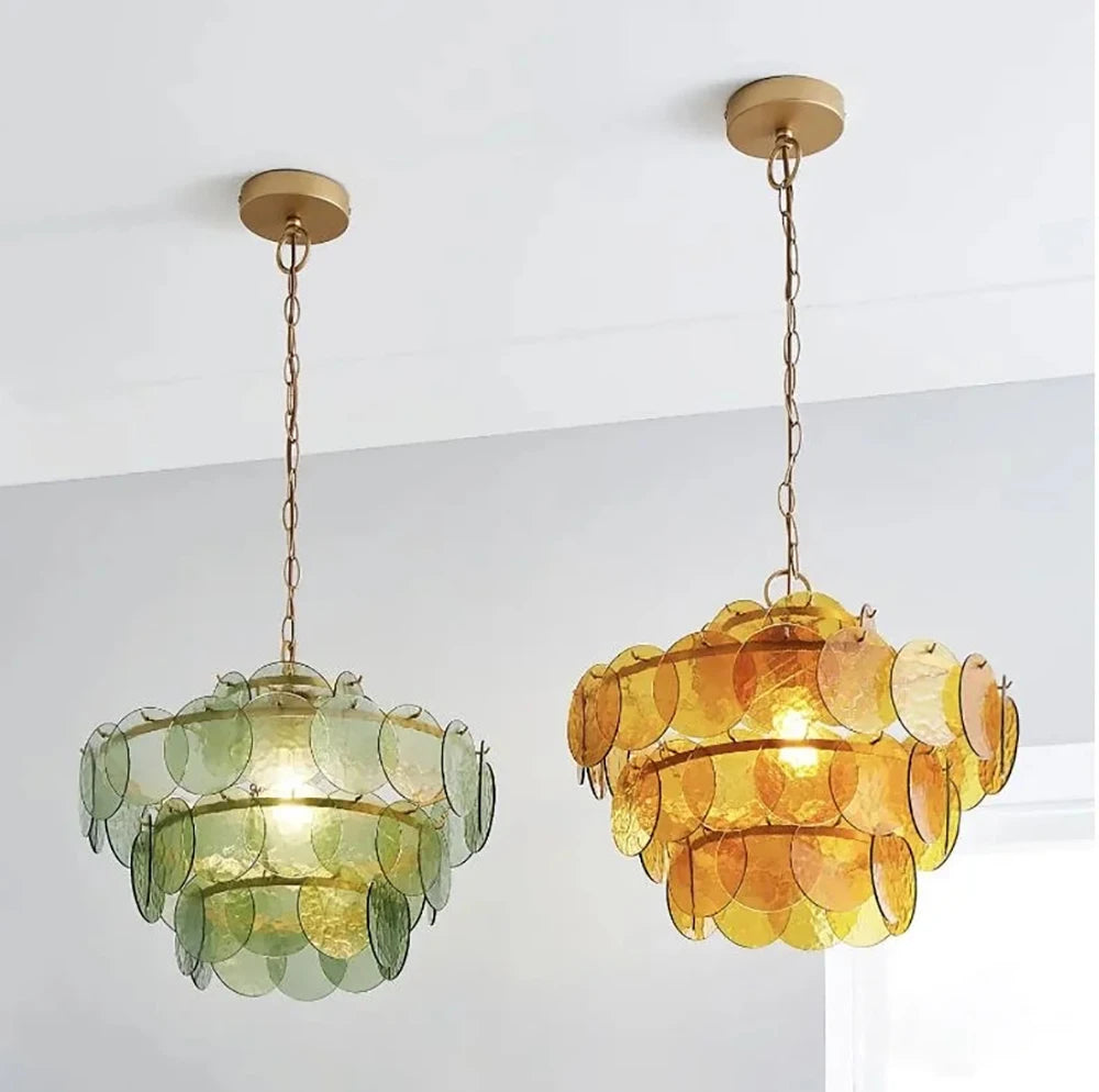 Murano-Style Green & Amber Cut-Glass Disc Chandelier