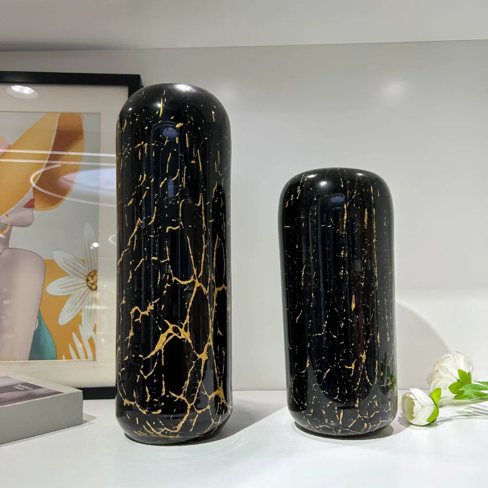 Split-Neck Black & Gold Hand-Blown Glass Vase