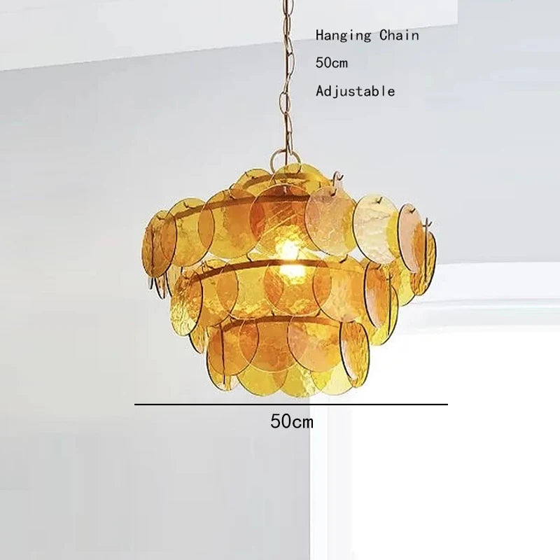 Murano-Style Green & Amber Cut-Glass Disc Chandelier