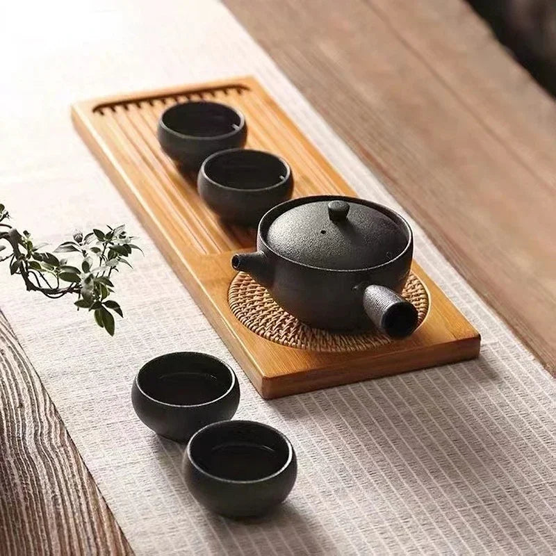 Solid Bamboo Wood Tea Tray Portable Rattan Mat Rectangle Serving Table Plate Storage Dish for Hotel Tea Plate Accessories Saucer