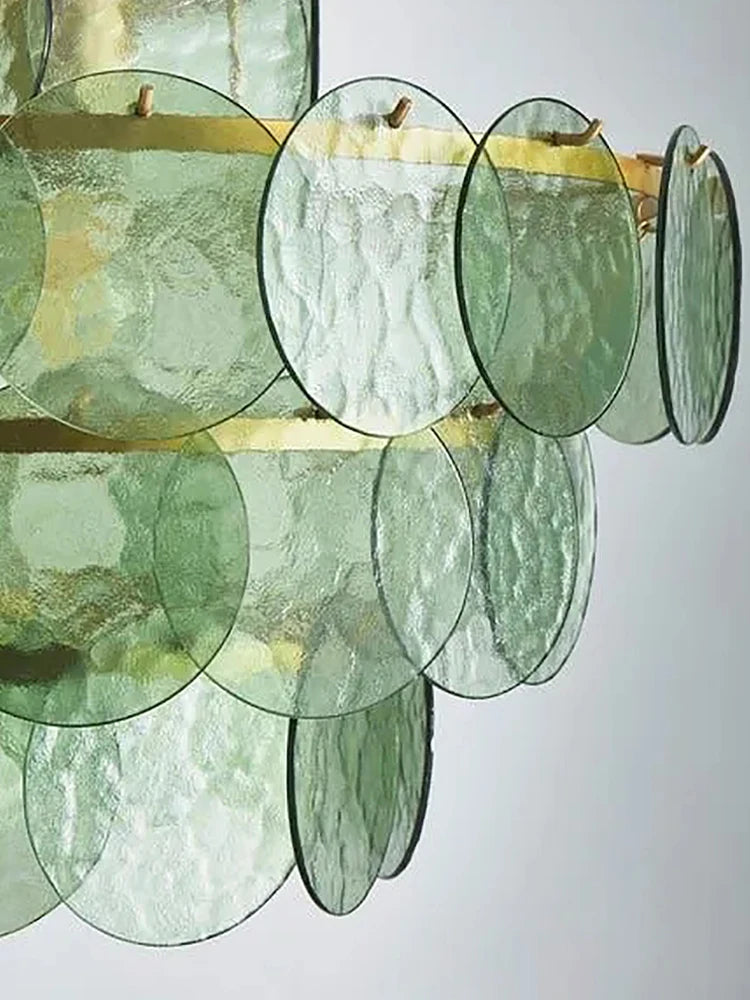 Murano-Style Green & Amber Cut-Glass Disc Chandelier