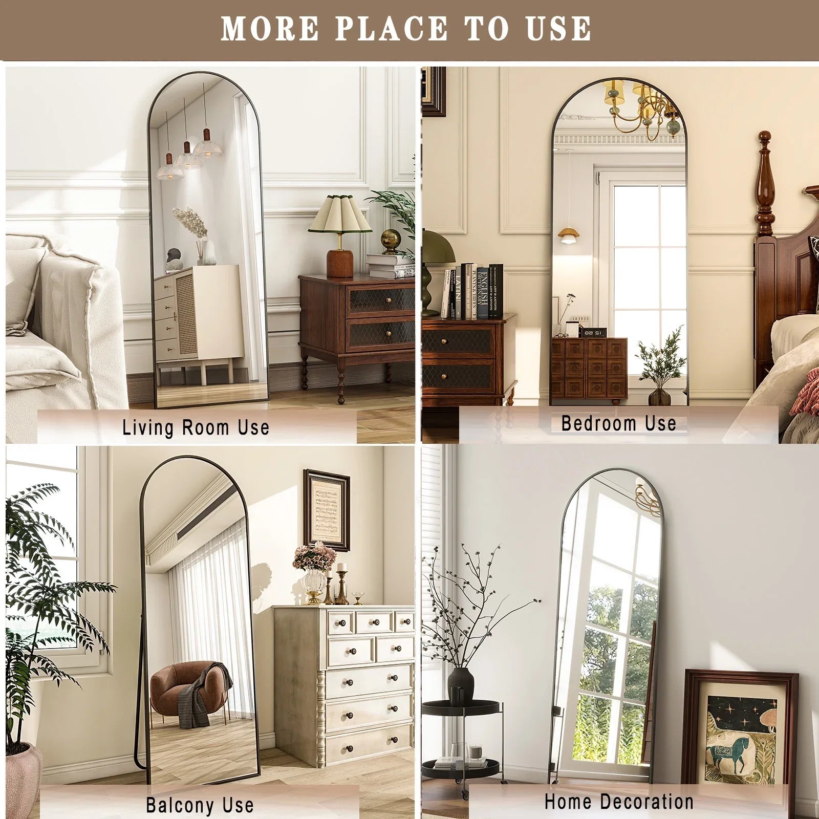 Multi-Size Black Arched Floor Mirror