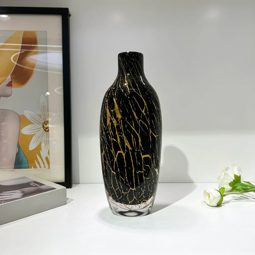 Split-Neck Black & Gold Hand-Blown Glass Vase