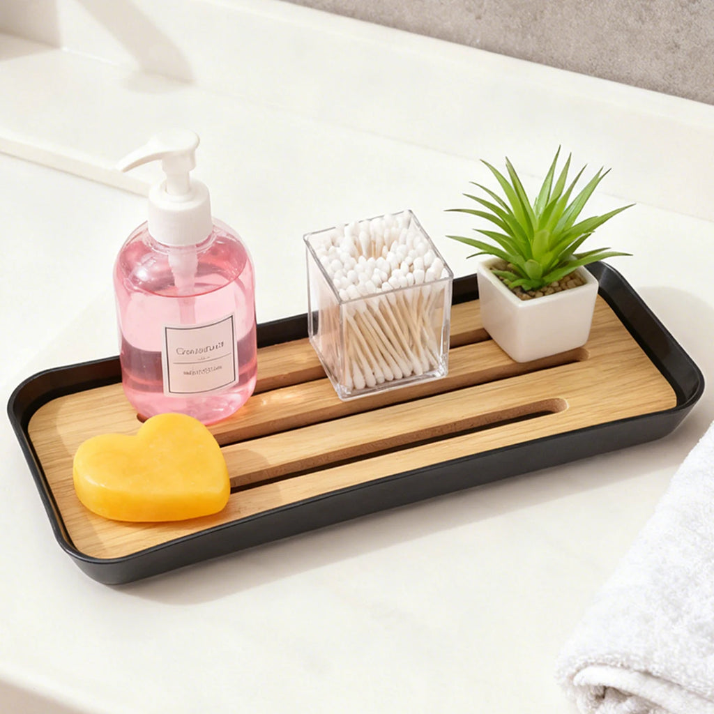 Bamboo Soap Dish Bottles Holder Tray Removable Countertop Drain