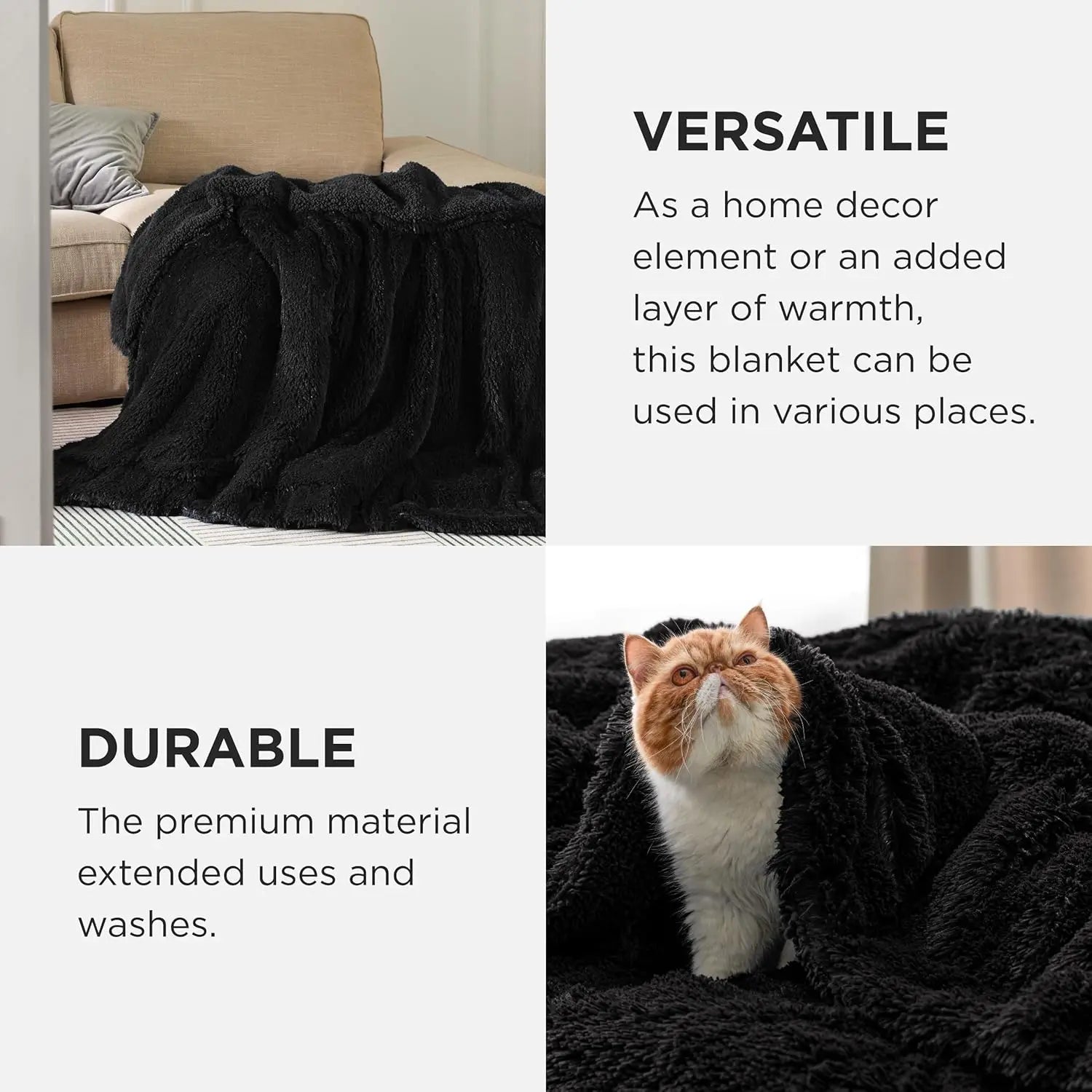 Black Faux-Fur Sherpa Throw Blanket