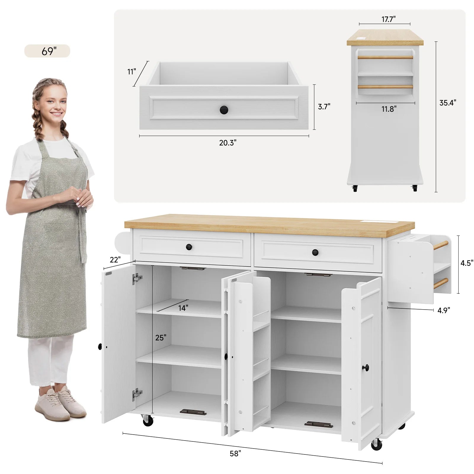 60-Inch Drop-Leaf Rolling Kitchen Island