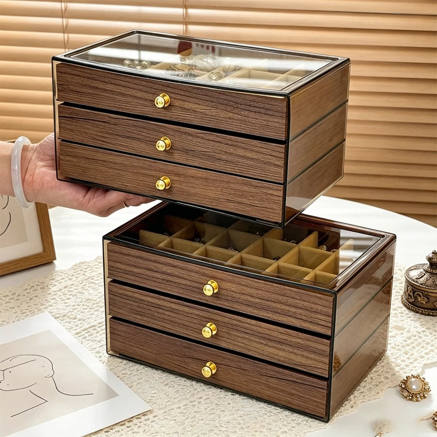 Walnut Wood Pattern Three-Drawer Jewelry Box, Bracelet, Necklace, Earring, Necklace Box, Jewelry Storage Box, OrnamentsAntioxida