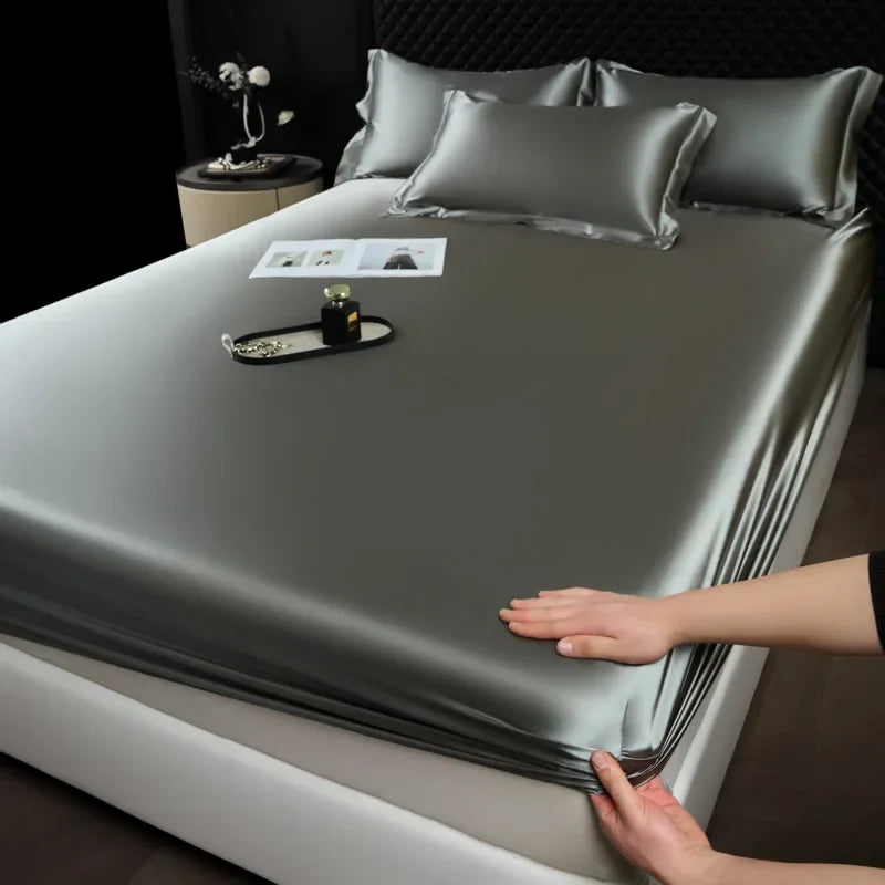 3 Pcs High End 100% Mulberry Silk Fitted Sheet Set with Pillowcase Luxury Solid Color Silk Bedsheet Soft Smooth Satin Bed Linen