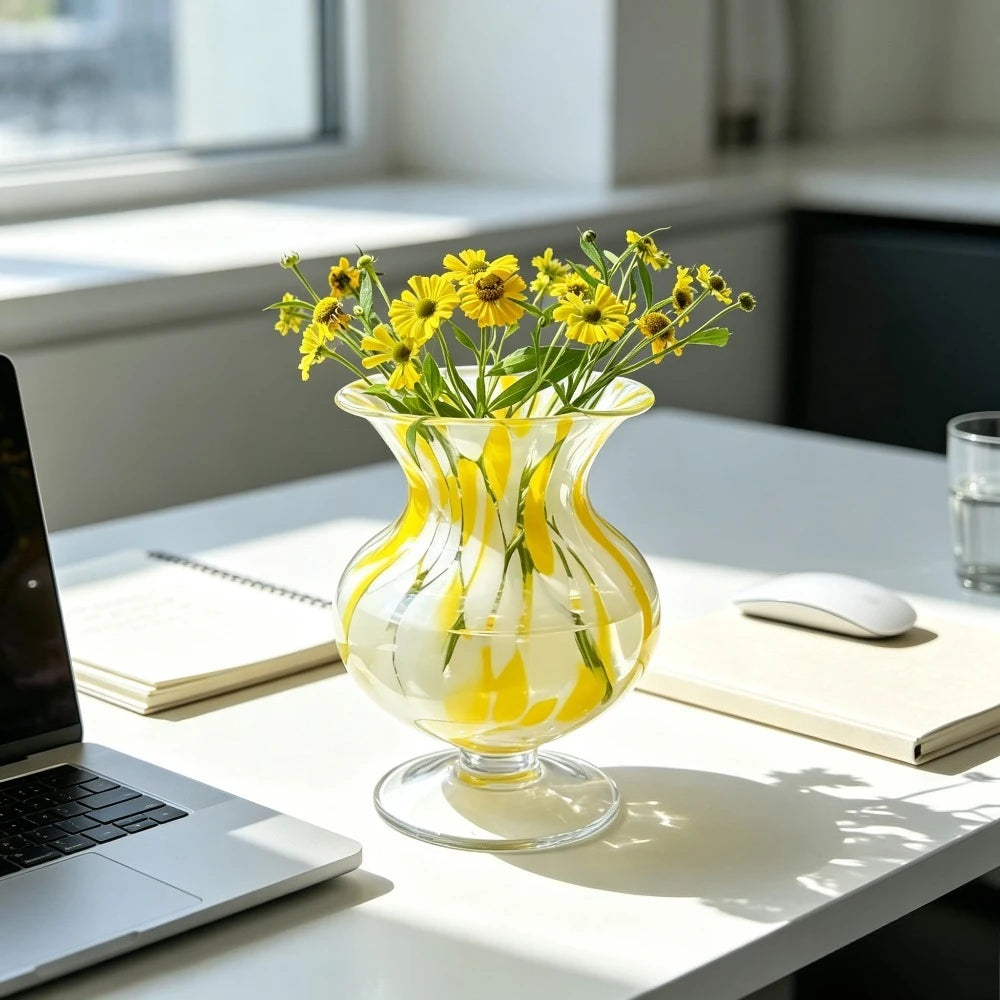 Yellow & White Hand-Blown Glass Vase